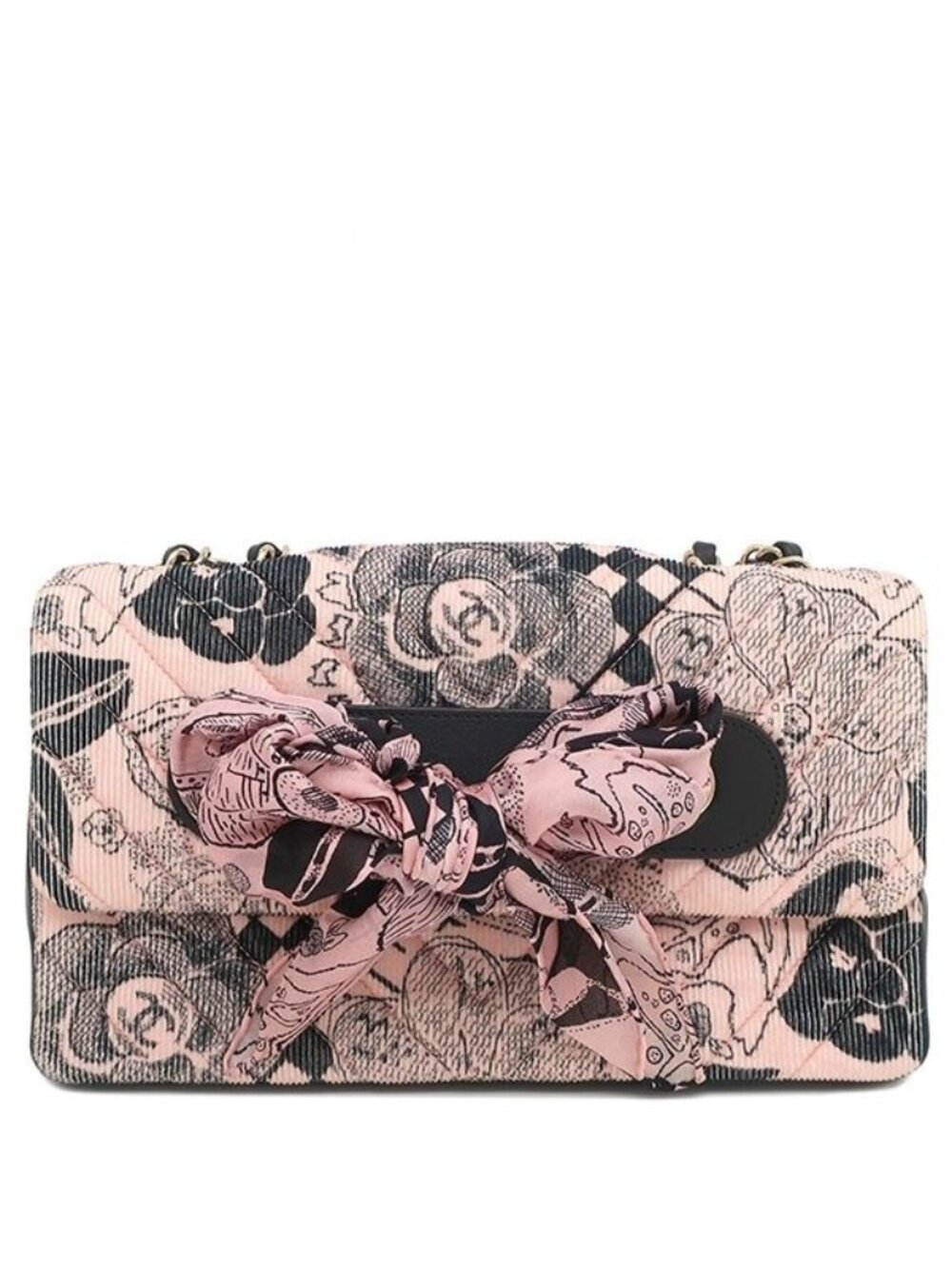 Chanel Shoulder Bag Camellia Ribbon Corduroy Lambskin Pink Black Gold Chevron
